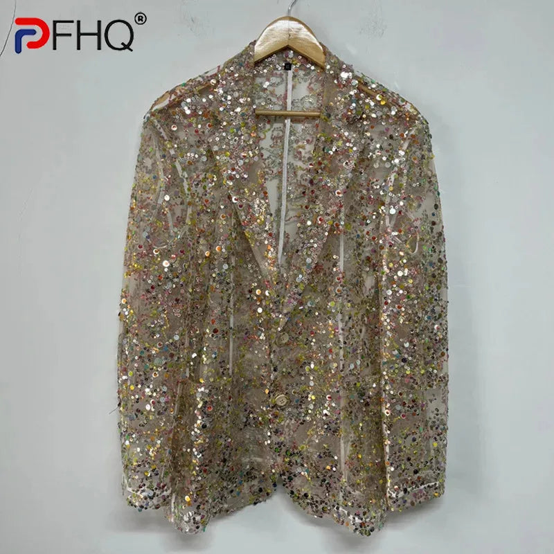 PFHQ Colorful Sequin Embroidery Male Blazers Perspective Mesh Sexy Delicacy Button Casual Summer Men's Light Luxury Coat 21Z4404