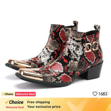 Spring Man Metal Fangtou Belt High-heeled Short boots Western Cowboy Boots Cowhide Serpentine Printing Stage show Party boots