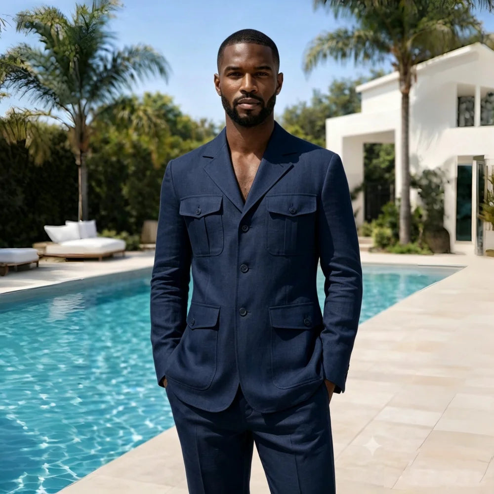 Linen Summer Safari Suits For Men 2 Pieces Separates Blazer Pants Set Casual Outfit For Beach Wedding Prom Party Man Suit
