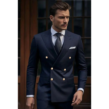 Chic Herren Anzüge Marine Blue Peak Lapel Doppelbrust eleganter Bräutigam Volles Set 2 -teilige Jacke Hose Skinny Kostüm Homme Terno