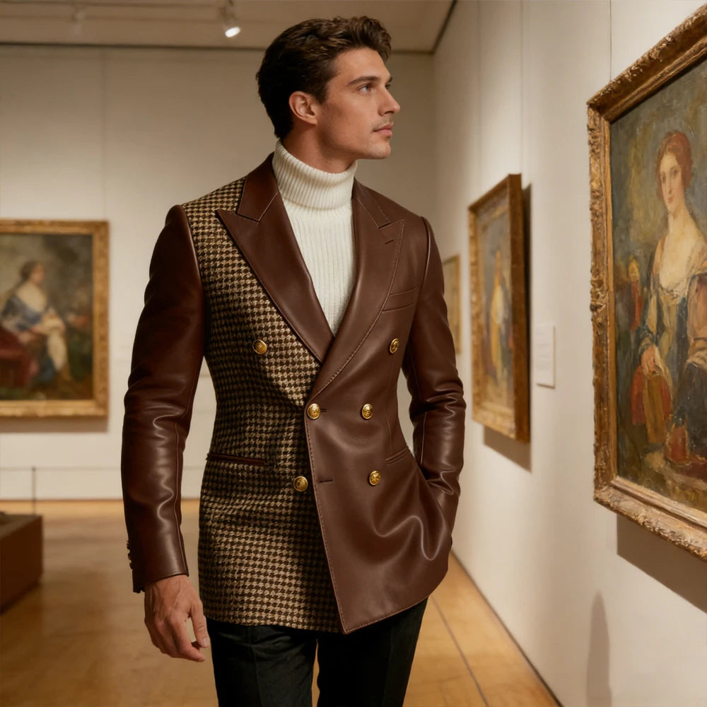 Men's Houndstooth Faux Leather Patchwork Blazer Jacket Double Breasted Peak Lapel Gold Button Slim Fit Suit For Business Casual