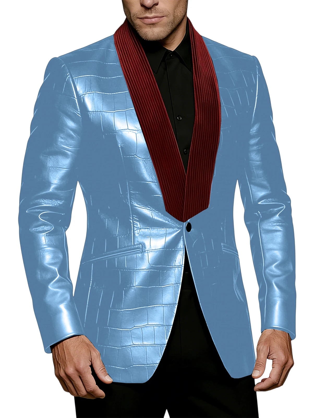 Men's Crocodile Pattern Leather Blazer Corduroy Patchwork 1 Button Shawl Collar Suit Jacket Slim Fit Business Formal Outerwear