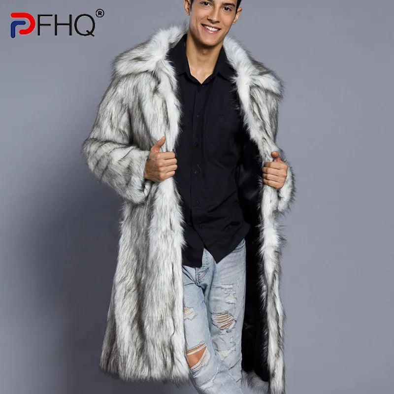 PFHQ Autumn Winter New Men's Square Neck Faux Fur Long Coat 2024 Solid Color Warm Long Sleeve High Street Tops 21Z7150