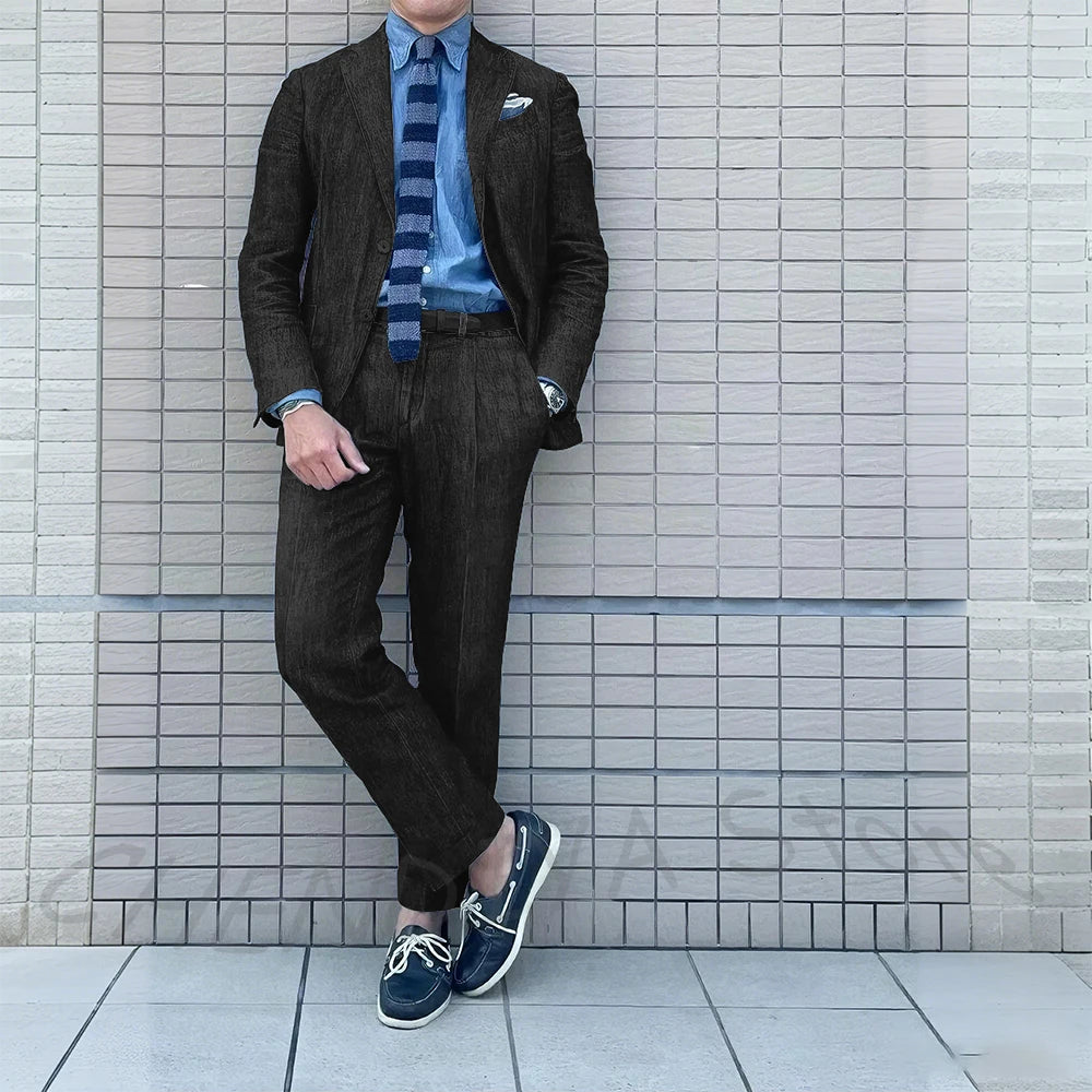 Denim Men Suits Tailor-Made 2 Pieces Slim Fit Coat Pants Prom Tuxedos Wedding Groom Formal Work Casual Tailored Costume Homme
