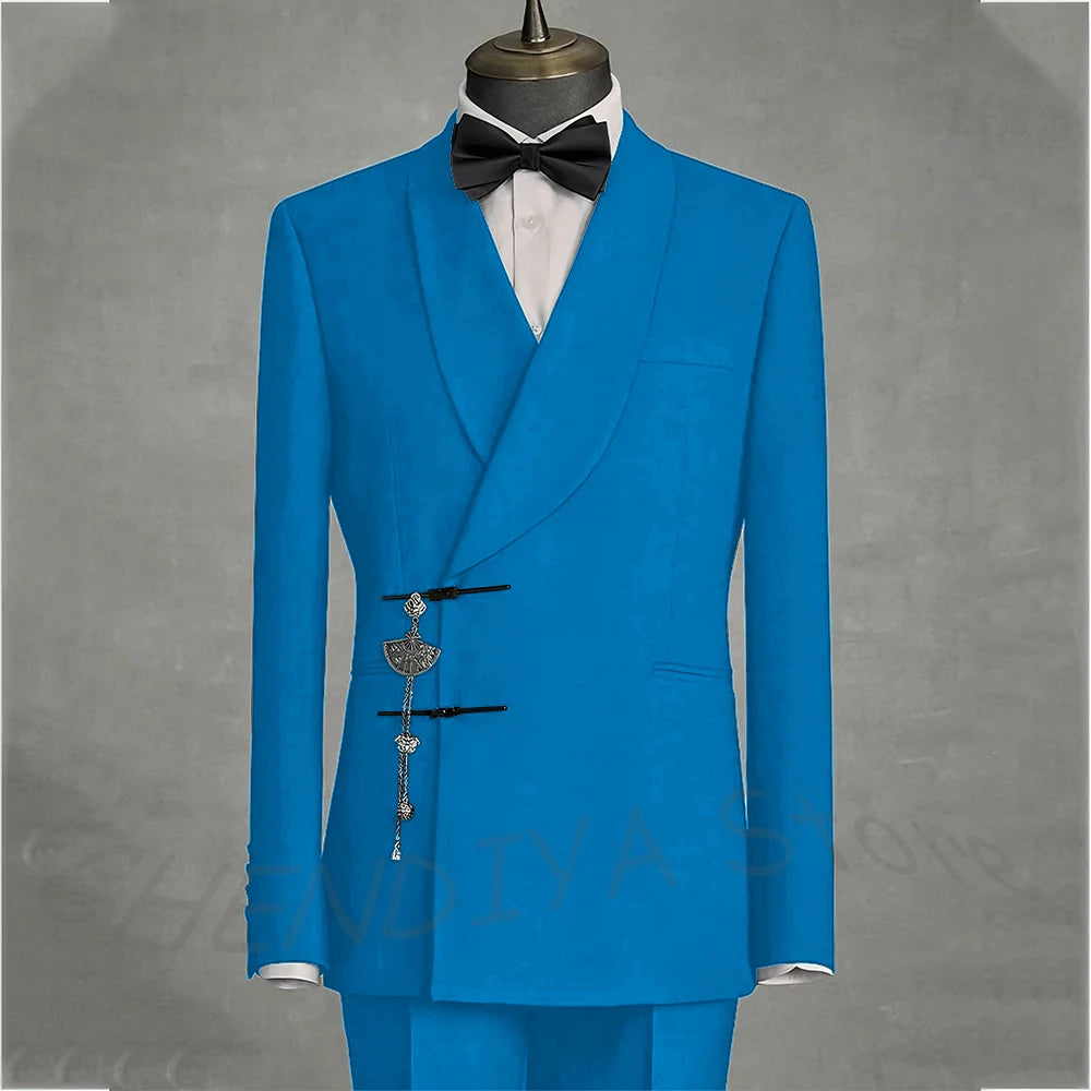 Solid Black Men's Suits Slim Fit Double Button Business Pants Suit Tailored Prom Party Wedding 2 Piece Jacket With Pants