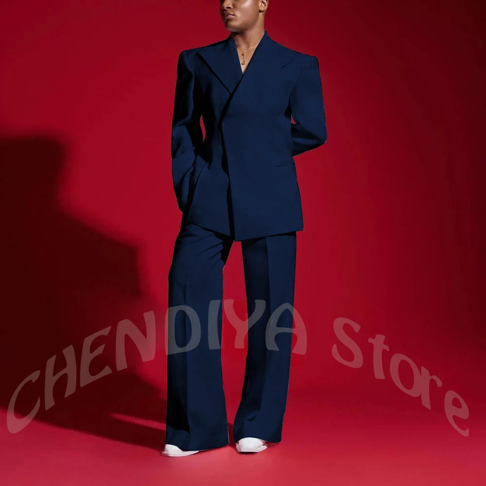 Elegant White Men Suit Peak Lapel Handsome Casual Male Clothing Two Pieces Jacket Pants Banquet Party Suits Set Straight