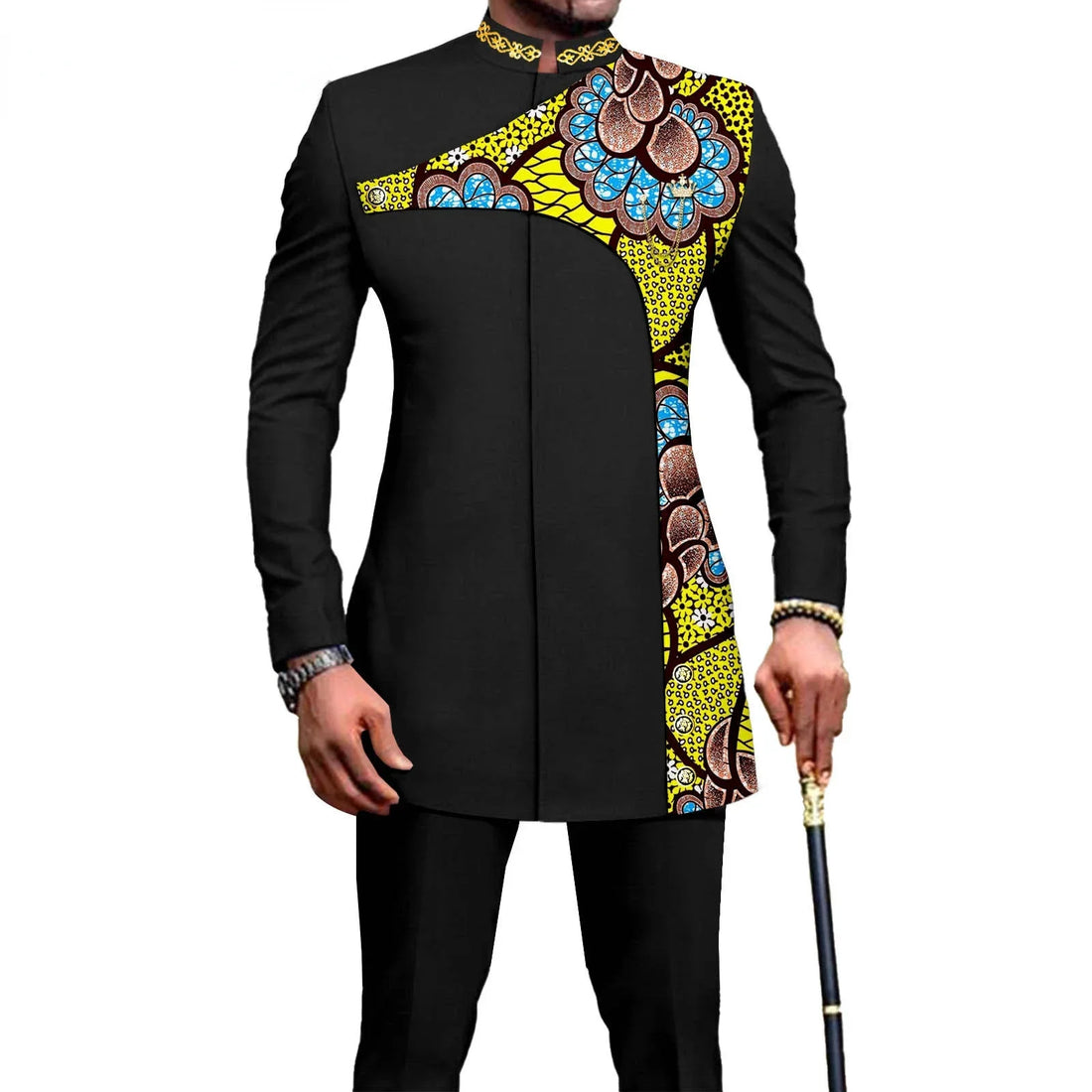 Bazin Riche African Traditional Clothing for Men Zip Shirts and Pants 2 Piece Set Formal Suit for Wedding Evening A2316036