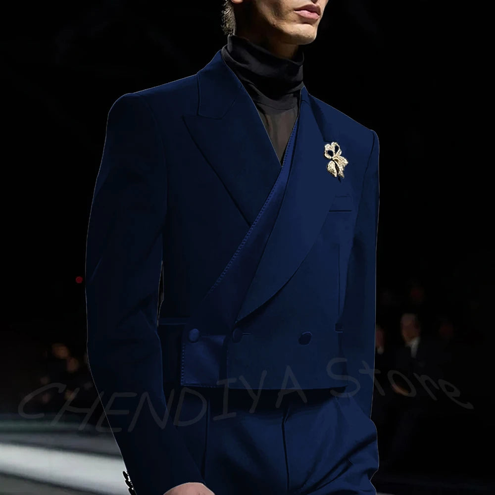 Classic Black Men's Suits Incline Button Peak Lapel Formal Blazer Smart Casual Model Show Evening Party Prom Wedding Set
