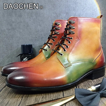 WINTER MENS ANKLE BOOTS SHOES BLACK MIXED COLORS CASUAL DRESS MAN SHOES LACE UP WEDDING BANQUET REAL LEATHER BOOTS MEN