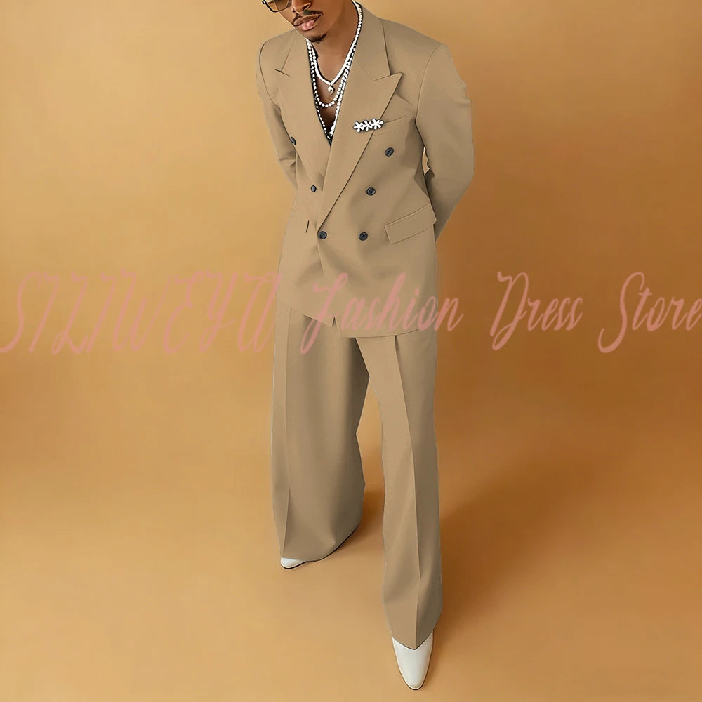 Double Breasted Men Solid Color Suit 2 Pieces Jacket Pants Business Casual Social Party Male Clothing Best Man Costumes Hommes