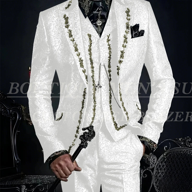 Elegant Black Jacquard Men Suits Embroidery Single Breasted Slim Fit 3 Piece Jacket Pants Vest Male Clothing Blazer Terno 2024