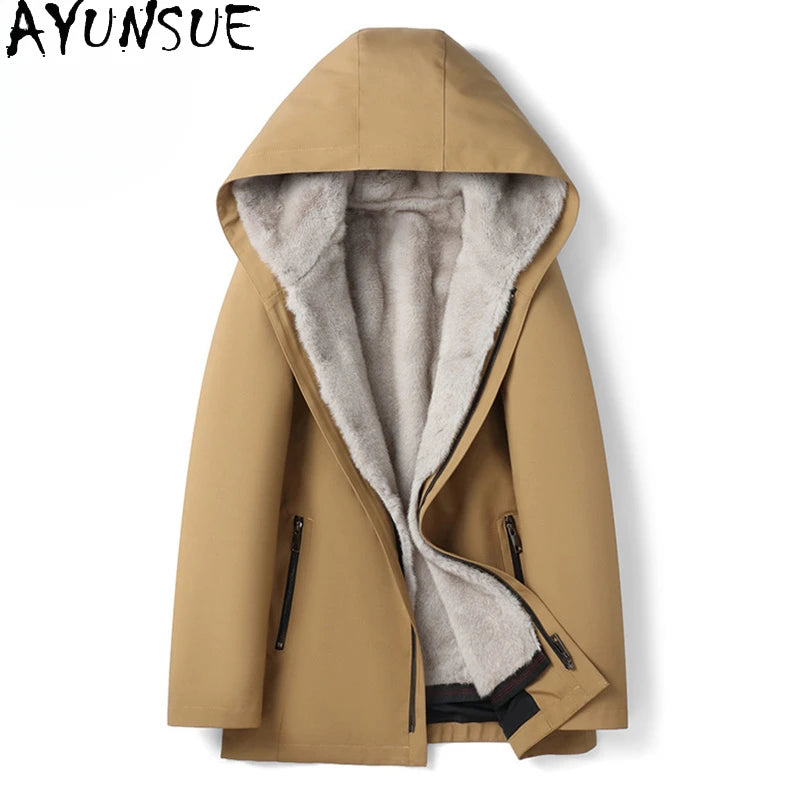 AYUNSUE 2024 Parka Faux Fur Coat Men Fashion Winter Jacket Removable Lining Long Thick Fur Coats Warm Outerwear Parkas Hombre
