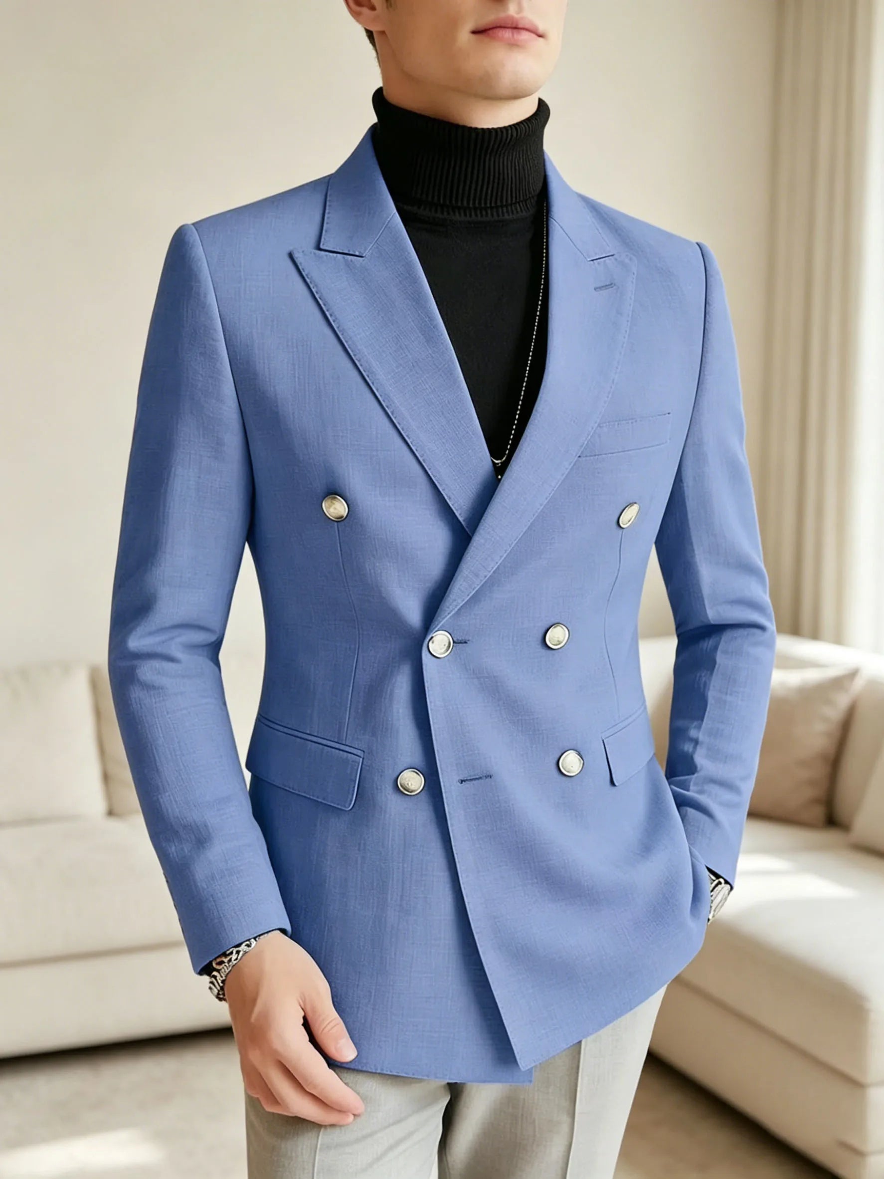 Men's Linen Blazer Double Breasted Peak Lapel Slim Fit Lightweight Breathable Cool Fashion Formal Jacket For Summer Business