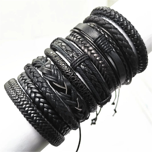 10 PCs/set preto embrulhado tecido novo moda artesanal masculino mulheres mulheres pulseiras de couro de homens bangle bangle por atacado presente de joias