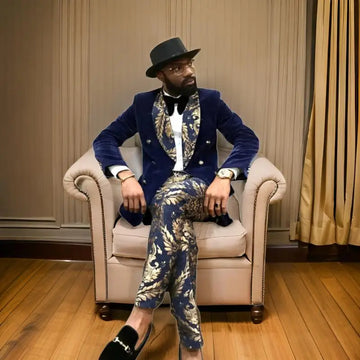 Double Breasted Suits for Men Wedding Navy Blue Floral Groom Tuxedo Velvet Blazer with Pants Formal Shawl Lapel Party Wear
