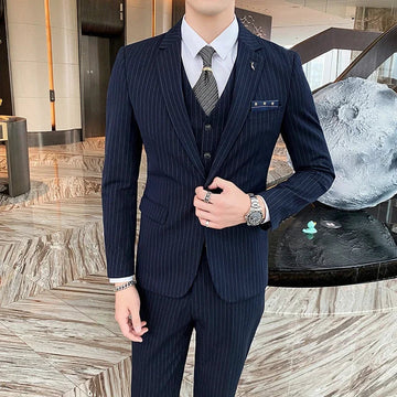 Male Groom Tuxedos Suit Jacket Pants Vest 3 Pcs Set High Quality Men Business Dinner Blazers fashion Stripe Slim Wedding suit