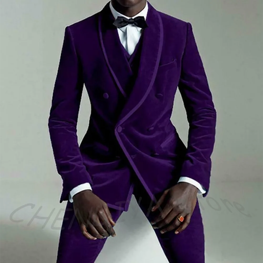 Exquisite Velvet Suit For Men Elegant Groom Shawl Lapel Double Breasted Wedding Set Banquet Prom Business Formal Clothes Outfit