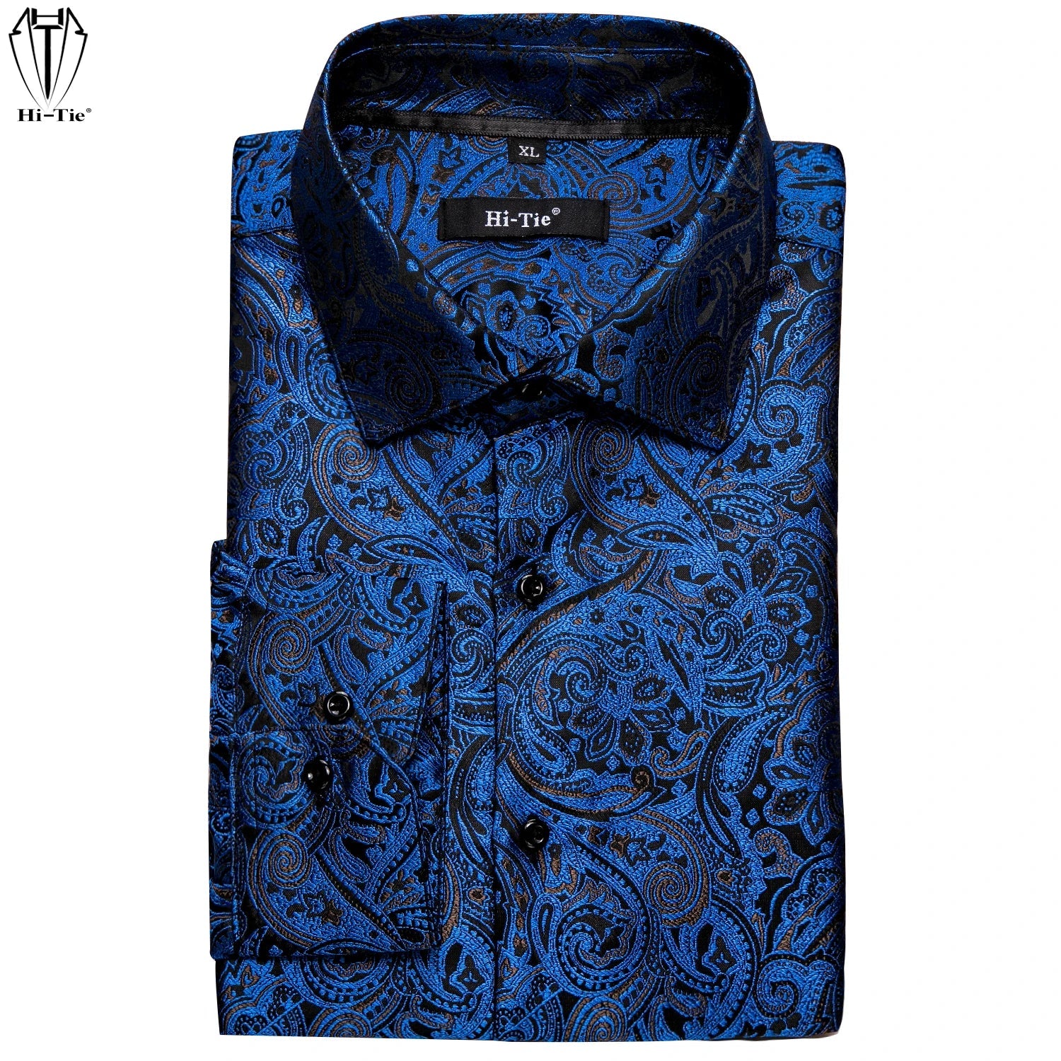 Camicie da uomo blu di seta blu di lussuoso tie-tie camicia sociale a manica lunga