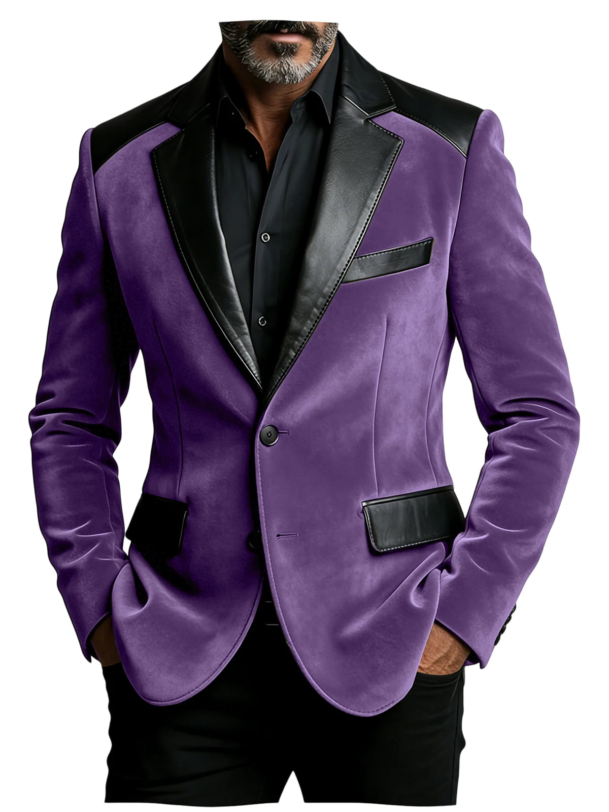 Men's Velvet Blazer with Leather Patchwork Slim Fit Two Button Peak Lapel Suit Jacket for Business Wedding Party Flap Pockets