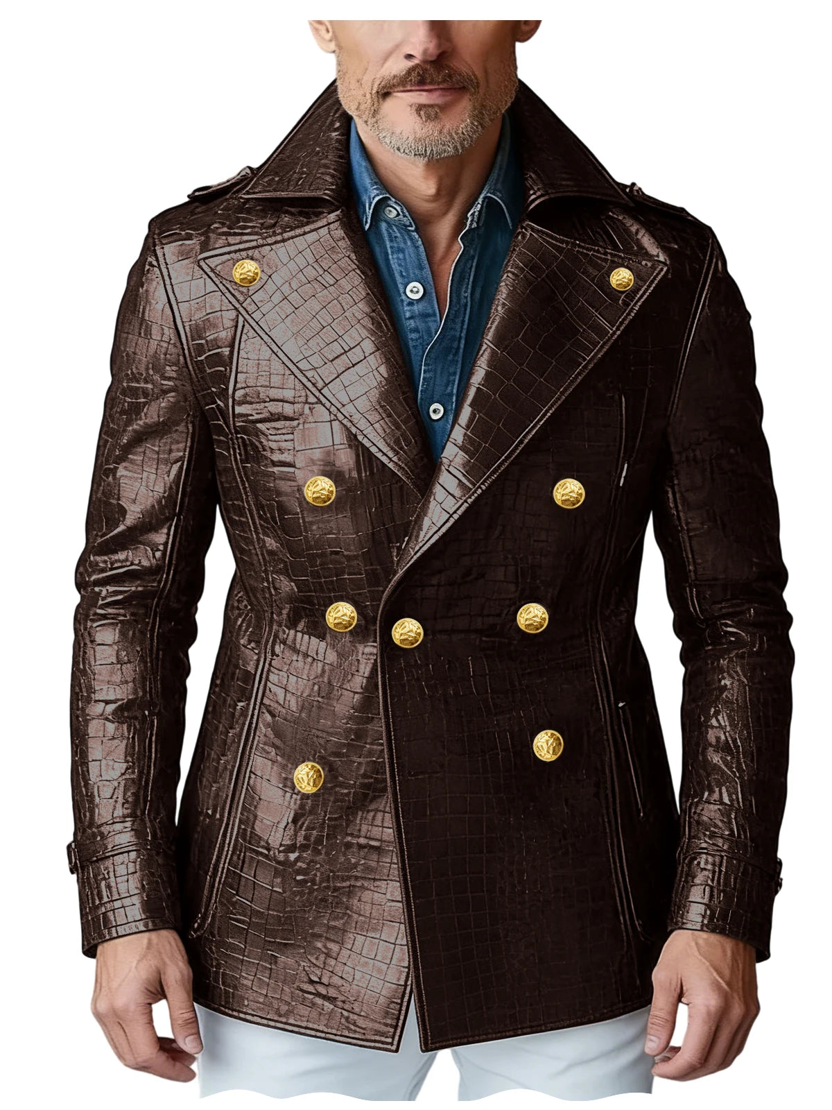 Men's Crocodile Embossed Leather Blazer Double Breasted Trench Coat Wide Lapel Gold Button Slim Fit Jacket For Four Season