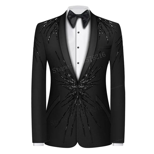 B18 Luxury 2 Pieces Black Men Suits Beads Custom Made Suit One Button Tuxedos Peaked Lapel Blazer Business Jacket Coat for Party