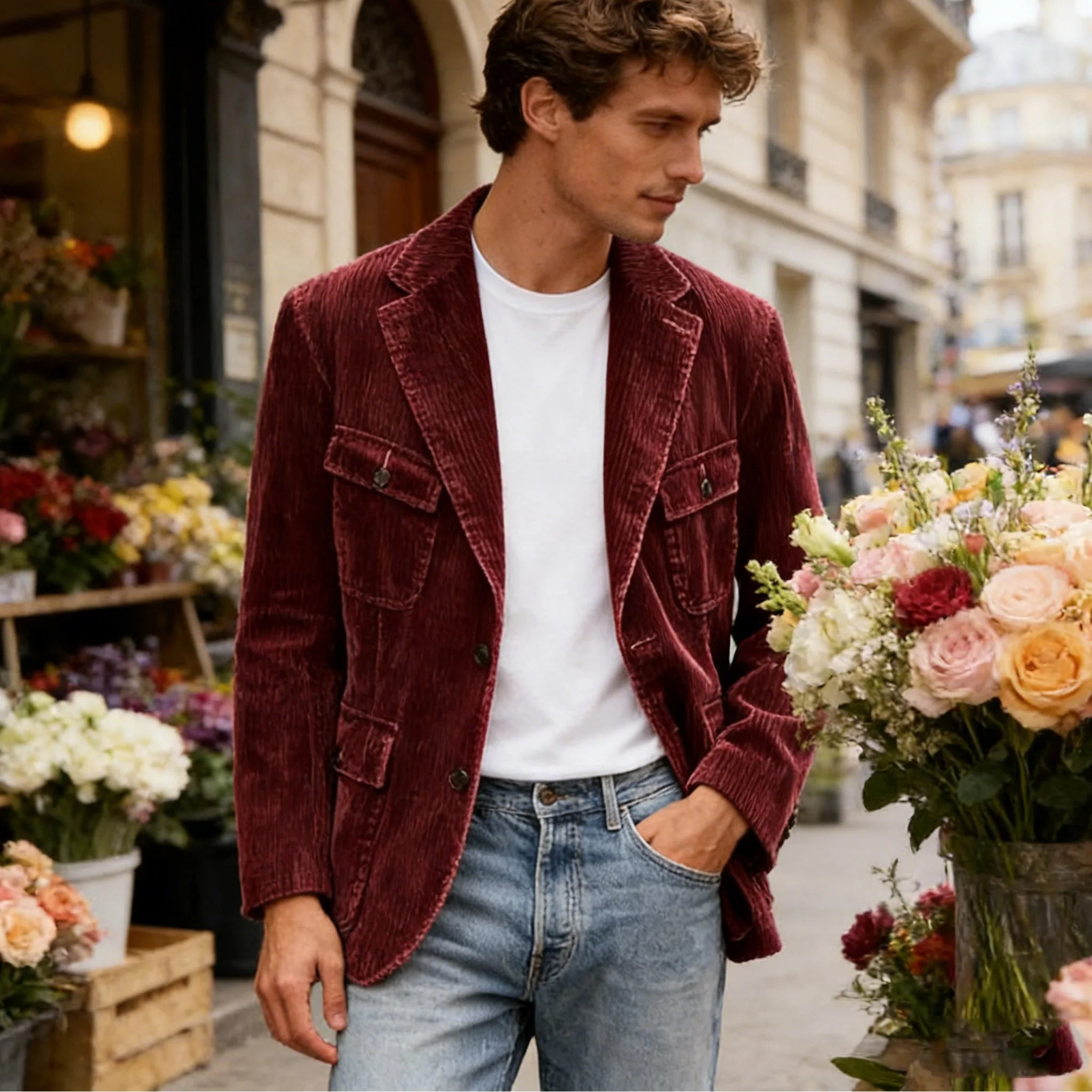 Vintage Men's Corduroy Casual Blazer Slim Fit Solid Color Black Brown Fashion Single Breasted Outerwear Customized Male's Jacket