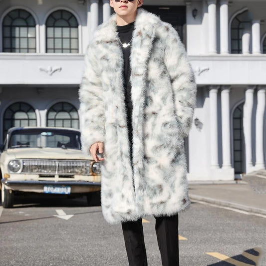 PFHQ Long Knee Length Faux Fur Coat Turn-down Collar 2024 Korea Fashion Contrast Color Long Sleeve Male Tops Jacket 21Z5563