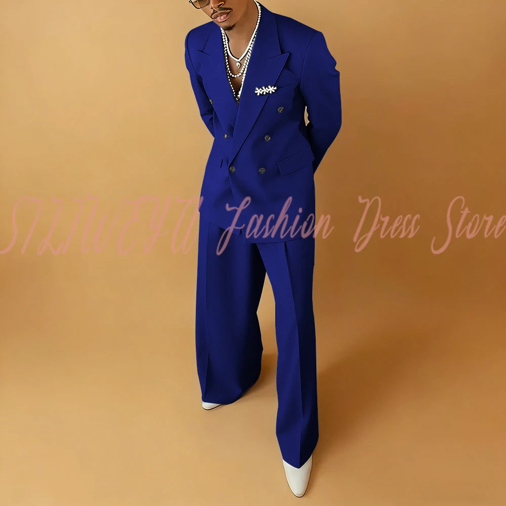 Double Breasted Men Solid Color Suit 2 Pieces Jacket Pants Business Casual Social Party Male Clothing Best Man Costumes Hommes