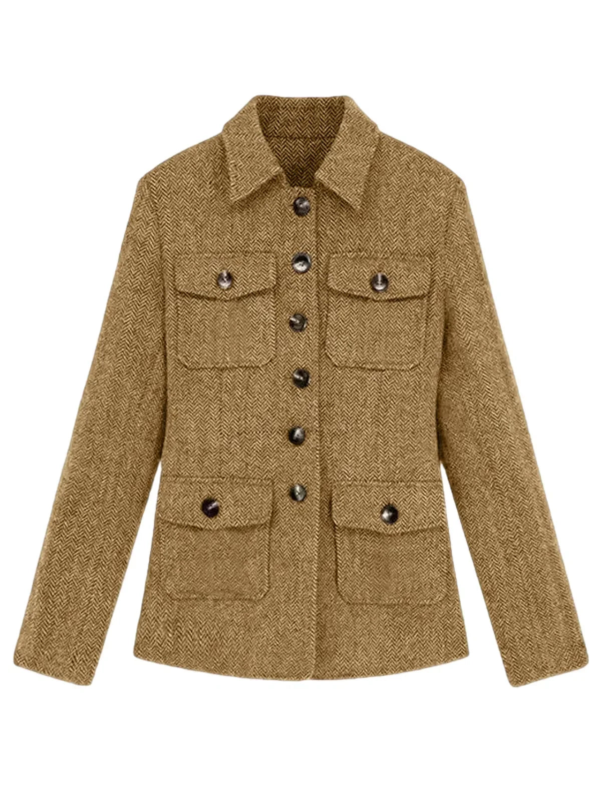 Men's Herringbone Wool Blend Blazer Jacket Notch Collar Utility Multi-Pocket Casual Overcoat For Spring Autumn