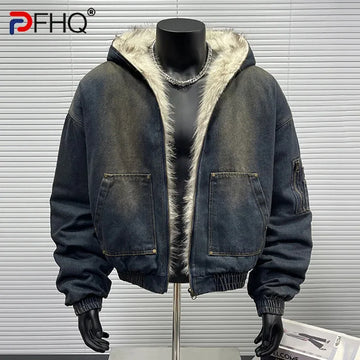 PFHQ Denim Cotton Wool Collar Warm Jacket Korea Fashion 2024 Vintage Streetwear Zipper Long Sleeve Male Tops Casual