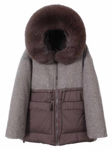 2025 NEW Maomaokong Real Fox Fur Collar Women's Winter Down Jacket Coffee Wool Fabric Patching Cool Oversized Zipper Fashion