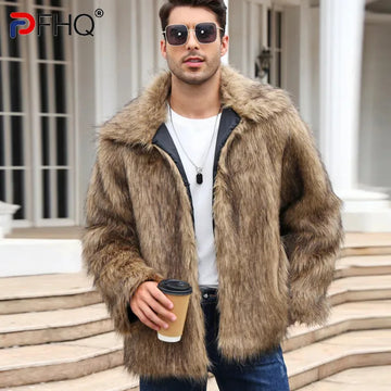 PFHQ Men's Short Imitation Fur Jacket 2024 Solid Color Long Sleeve Turn-down Collar Warm Casual Male Tops New Fashion 21Z7153