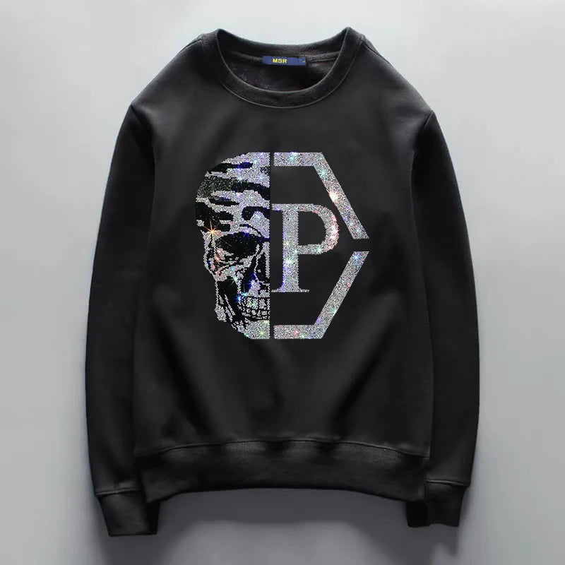 New Skull Diamond Fashion Men Hoody Long Sleeve Rhinestones Designer Sweatshirt for Casual Hoodies Male