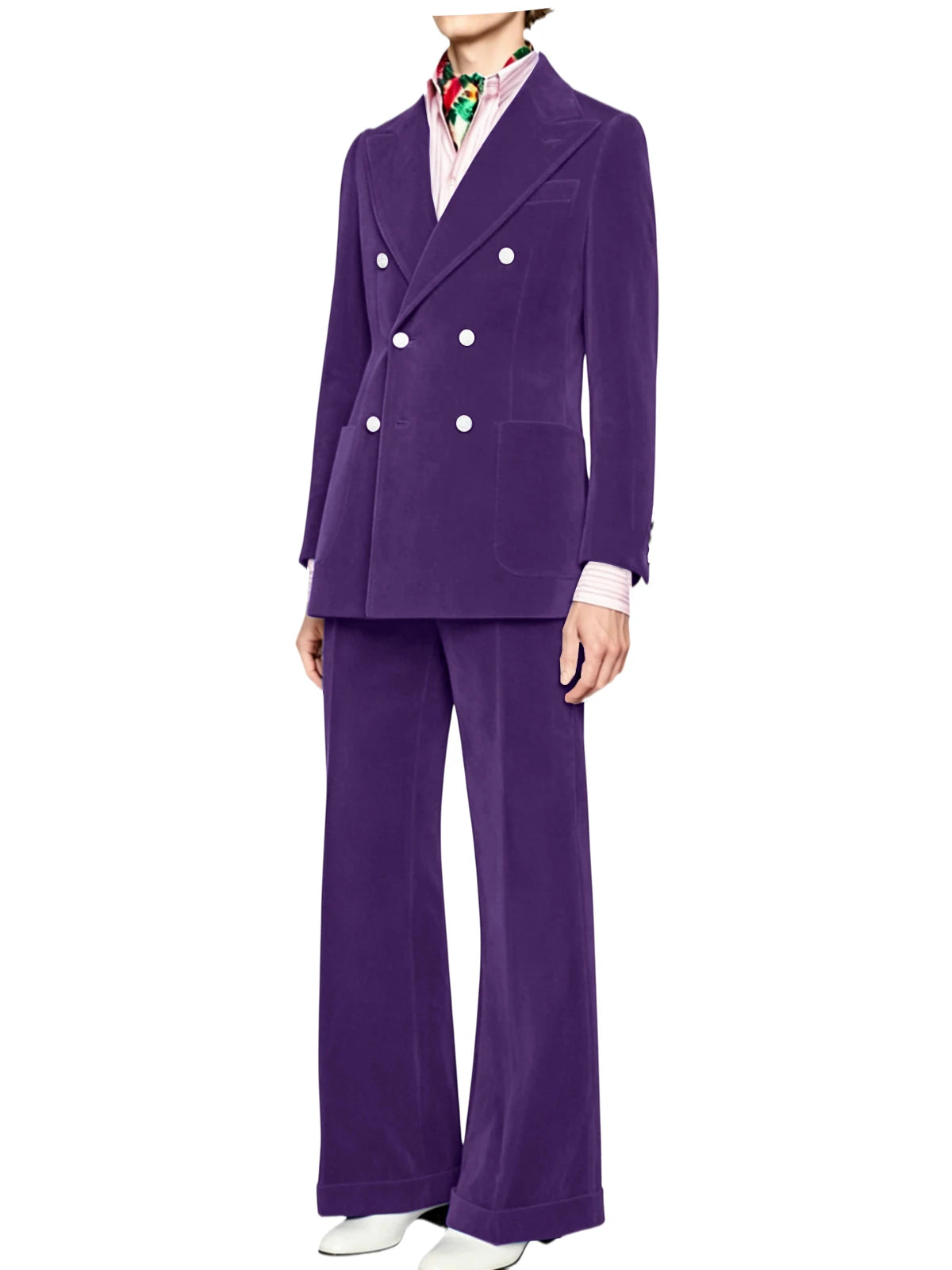 Men's Velvet Double Breasted 2 Piece Suit Set Slim Fit Peak Lapel Formal Straight Leg Pants Suit For Party Wedding Daily Wear