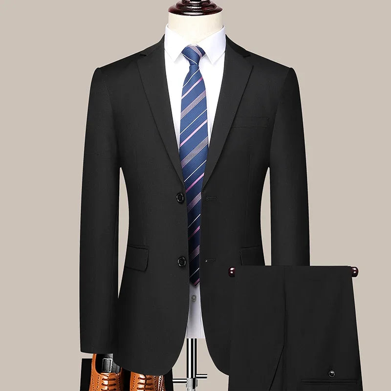 Men's 2024 Slim-fit Two-button Business Suit Professional Work Formal Two-piece Set Trousers Included S-6XL