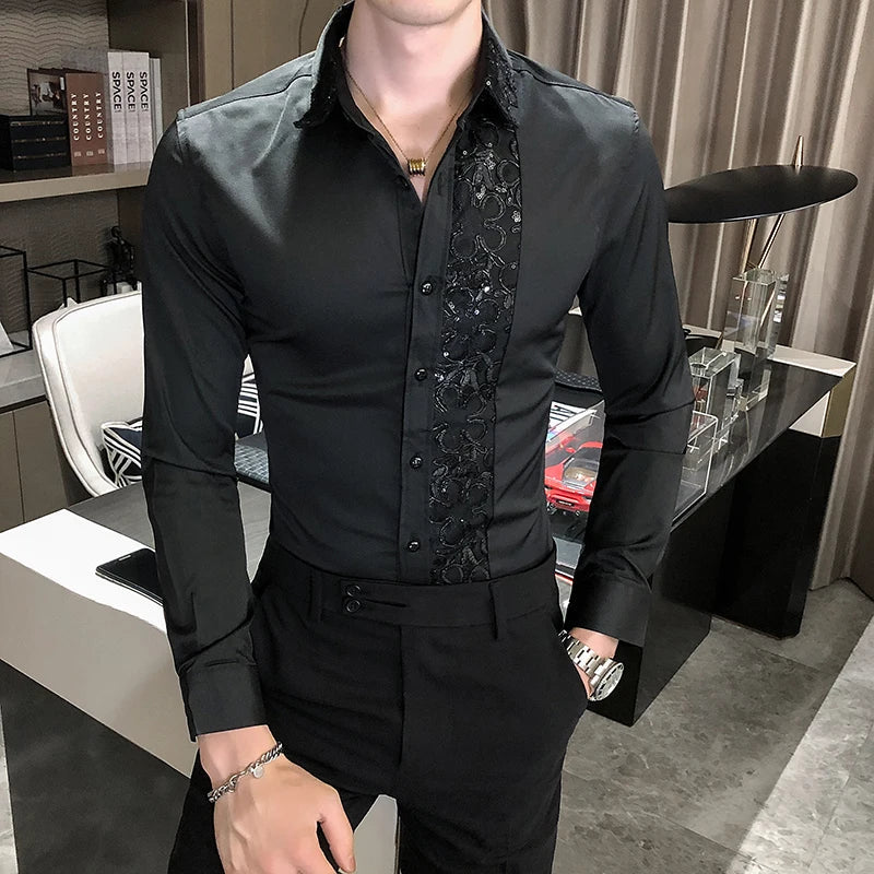 Estilo británico Shine Lace Spliting Personalidad Banquete Camisetas de la marca para hombres Slim Tuxedo camiseta sólida súper escenario disfraz