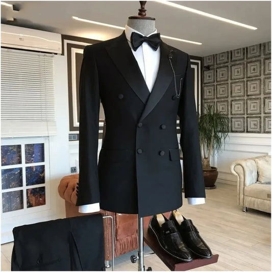 Black Suits for Men Peaked Lapel Double Breasted Bespoke Blazer Wedding Groom Tuxedos Prom Costume Homme 2 Pieces Jacket+Pants