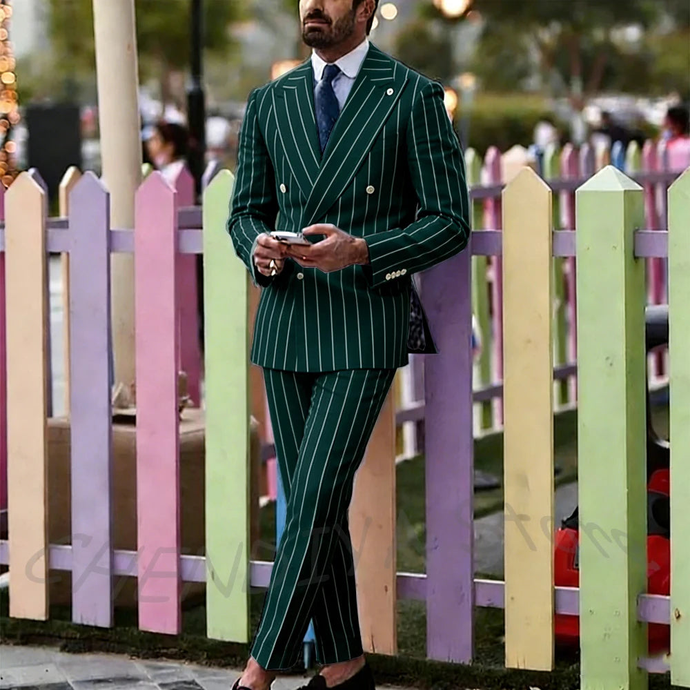 Light Purple Striped Men Suit England Style Peaked Lapel Double Breasted Classic Male Clothing Wedding Groom Tuxedo Custom Set