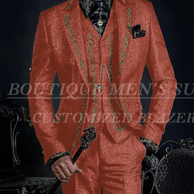 Elegant Black Jacquard Men Suits Embroidery Single Breasted Slim Fit 3 Piece Jacket Pants Vest Male Clothing Blazer Terno 2024