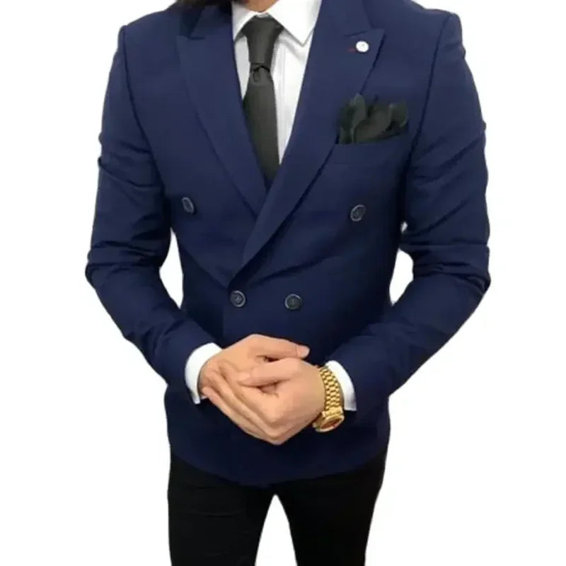 2 Piece Blue Jacket Black Pant Double Breasted Elegant Men Suits Casual Slim Fit Blazers High Quality Custom  Set Costume Homme