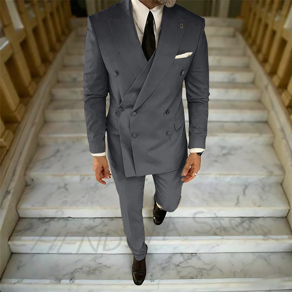 High Quality Peaked Lapel Suit For Men Double Breasted Gentleman Wedding Groom Tuxedo Custom Man Fashion Clothes Set Two Pieces