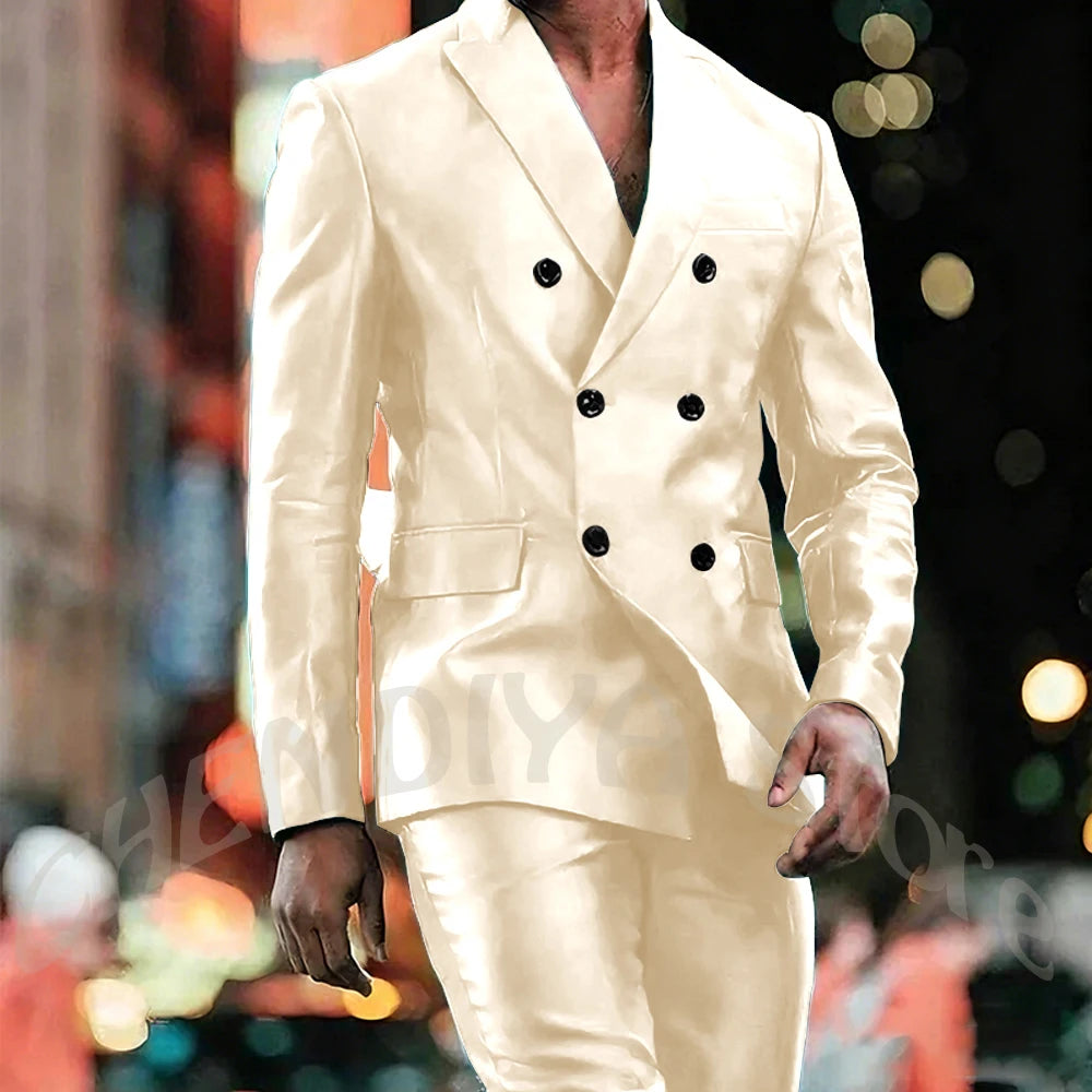 Elegant Satin Men Suit 2 Pieces Peaked Lapel Handsome Tailor-Made Custom Man Fashion Clothes Set Smart Casual Jacket Pants