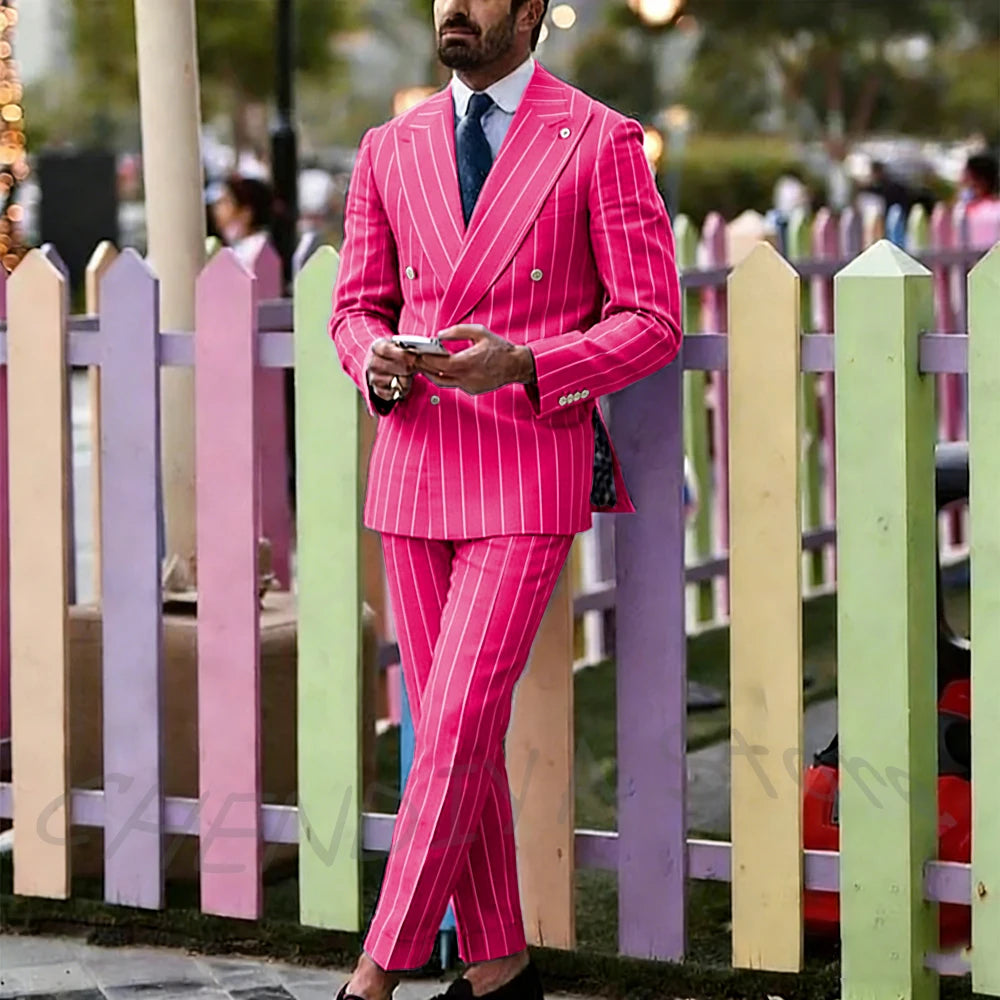 Light Purple Striped Men Suit England Style Peaked Lapel Double Breasted Classic Male Clothing Wedding Groom Tuxedo Custom Set