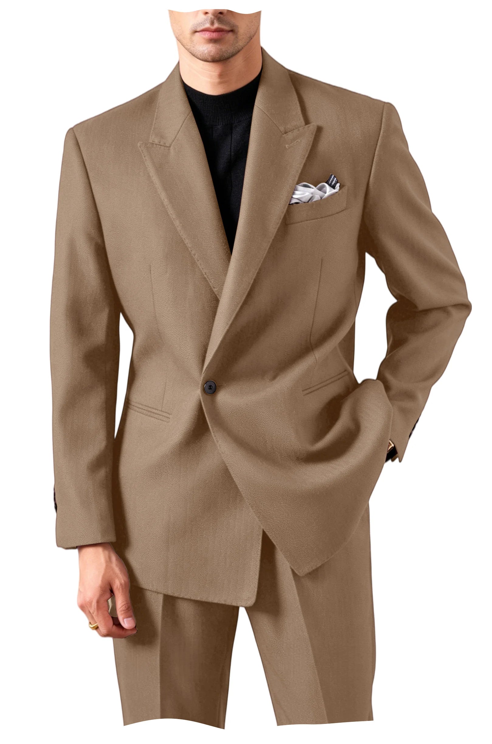 Men's Serge Suit Set Jacket Premium One Button Peak Lapel Slim Fit Tuxedo 2 Piece Blazer Pants Casual Business Wedding Formal