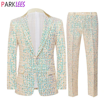 Tweed Sequins elegantes Tweed 2 PCS Set Men Stage Prom Singer Glitter Suits con pantalones Mens.