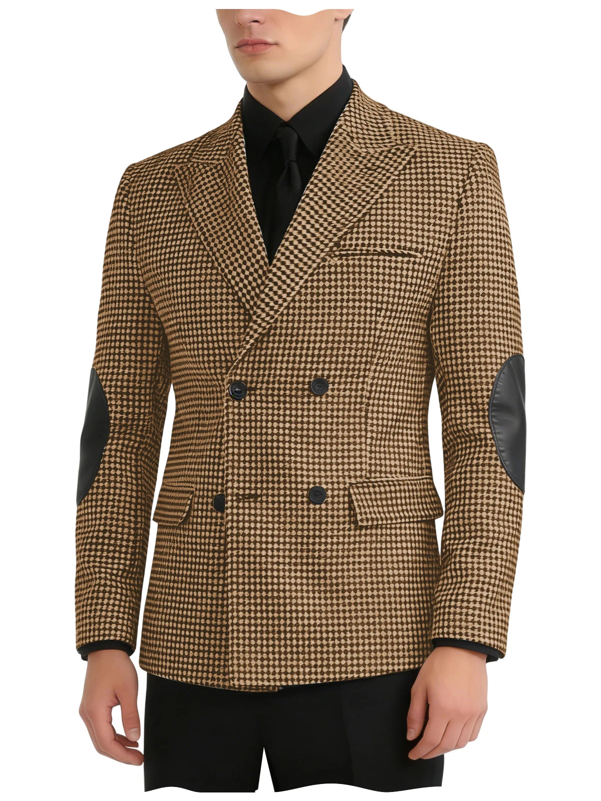 Men's Houndstooth Double Breasted Blazer with Leather Elbow Patches Peak Lapel Sport Coat Formal Business Wedding Suit Jacket