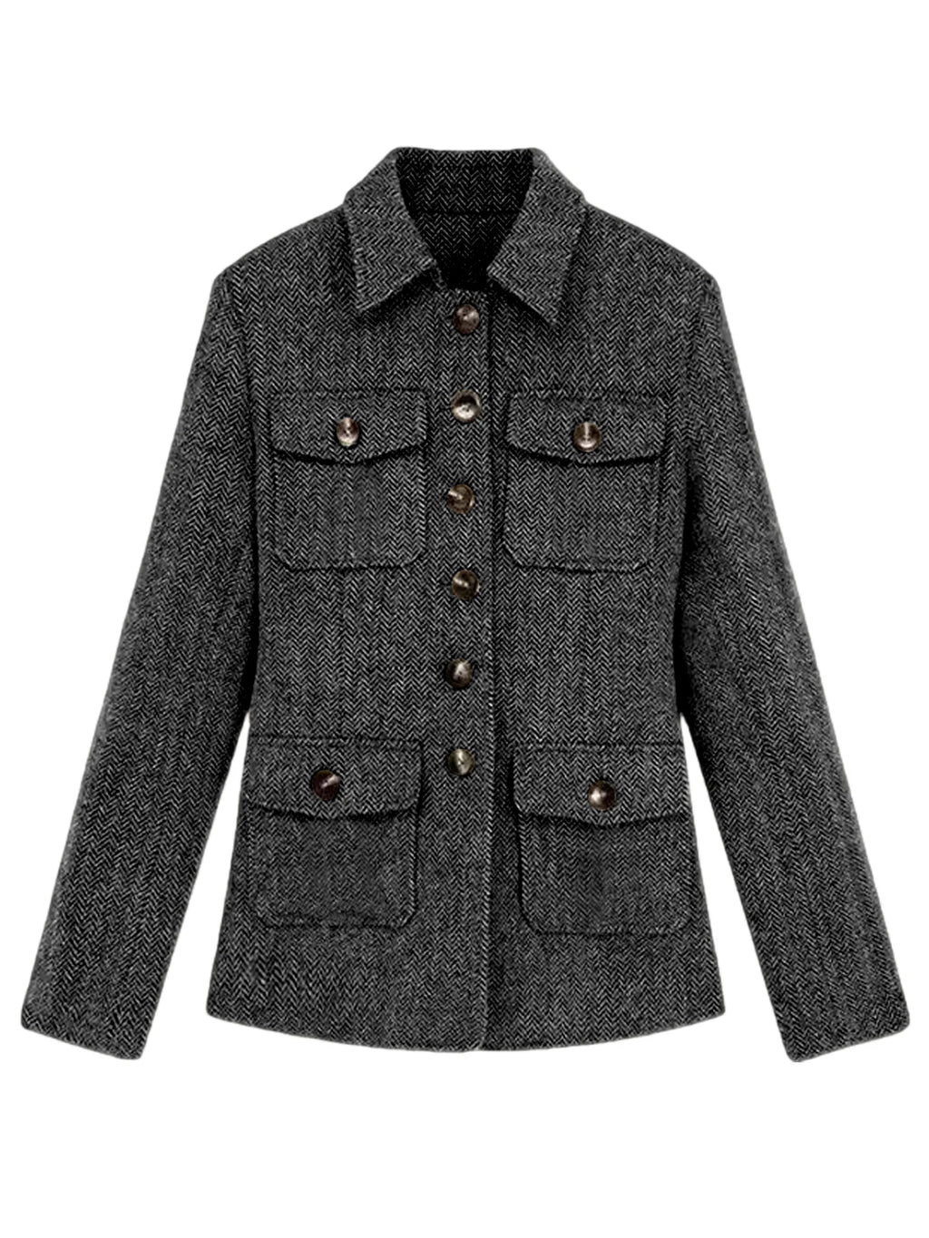 Men's Herringbone Wool Blend Blazer Jacket Notch Collar Utility Multi-Pocket Casual Overcoat For Spring Autumn