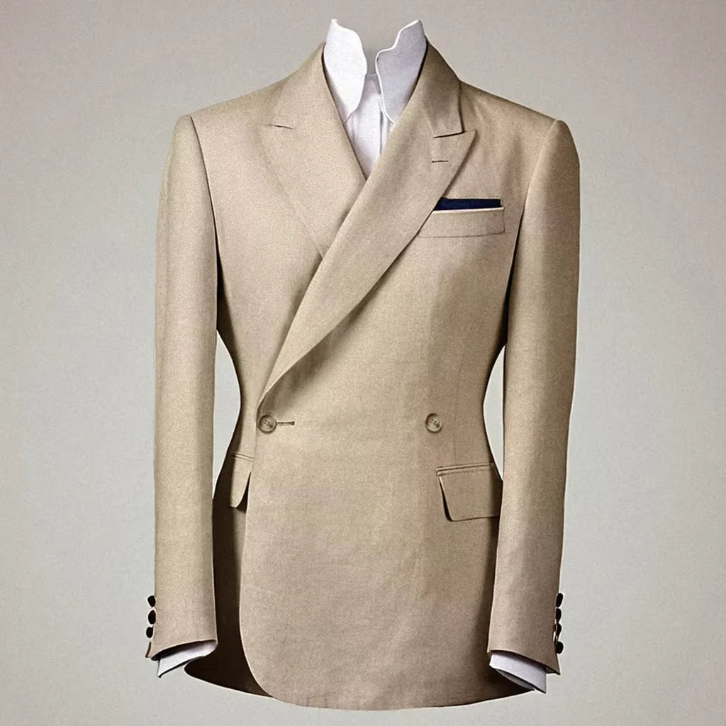 Elegant Men's Linen Cotton Blazer Double Breasted Slim Fit Peak Lapel Breathable Wrinkle Resistant Summer Sport Coat For Wedding