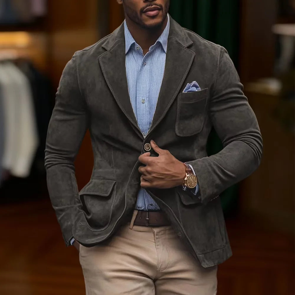 Men's Suede Brown Blazer Vintage Slim Fit Notched Lapel Formal Jacket High Quality Flap Pocket Sport Coat For Business Casual
