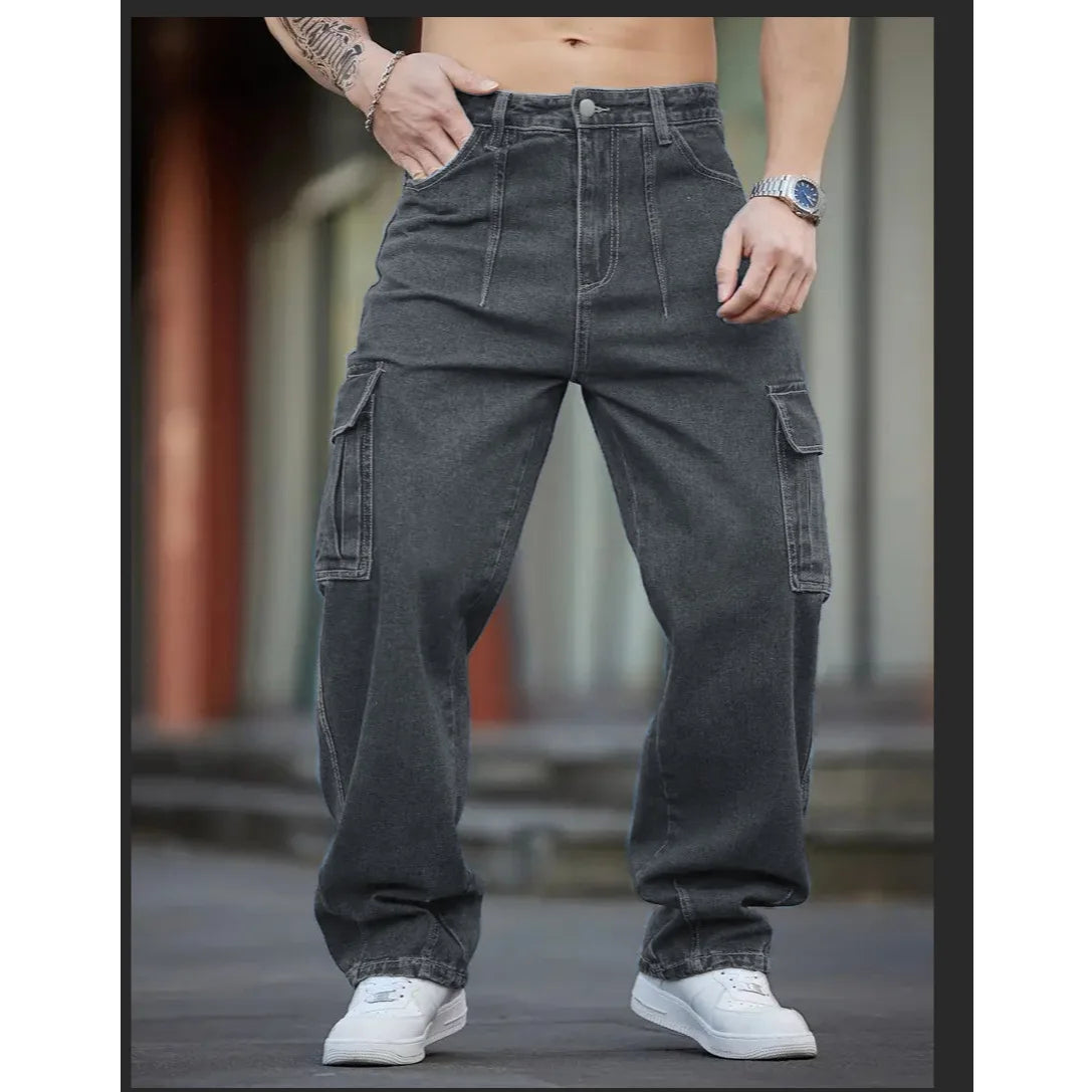 Men Multi Cargo Pocket Jeans Vintage Loose Wide Leg Straight Denim Pants Streetwear Hip Hop Workwear Trousers